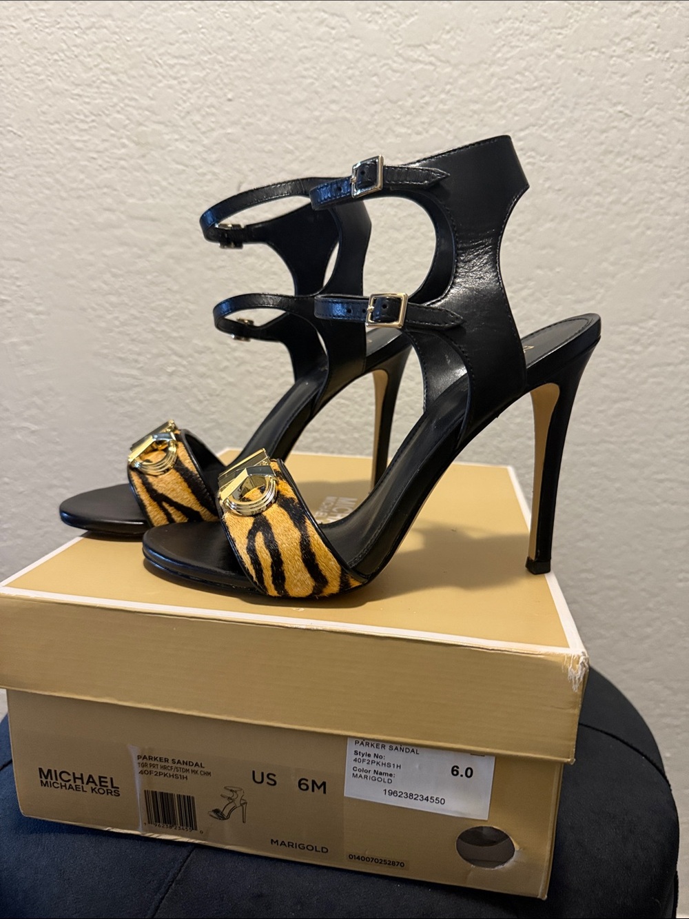 Black & Tiger-Print Leather High Heel Sandals with Gold Hardware - Picture 5 of 6